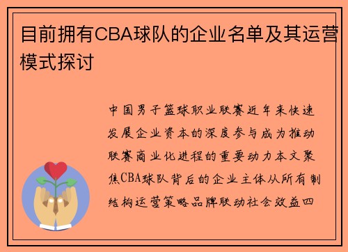 目前拥有CBA球队的企业名单及其运营模式探讨